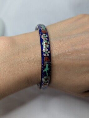 Blue Floral Cloisonné Hinge Bangle Bracelet